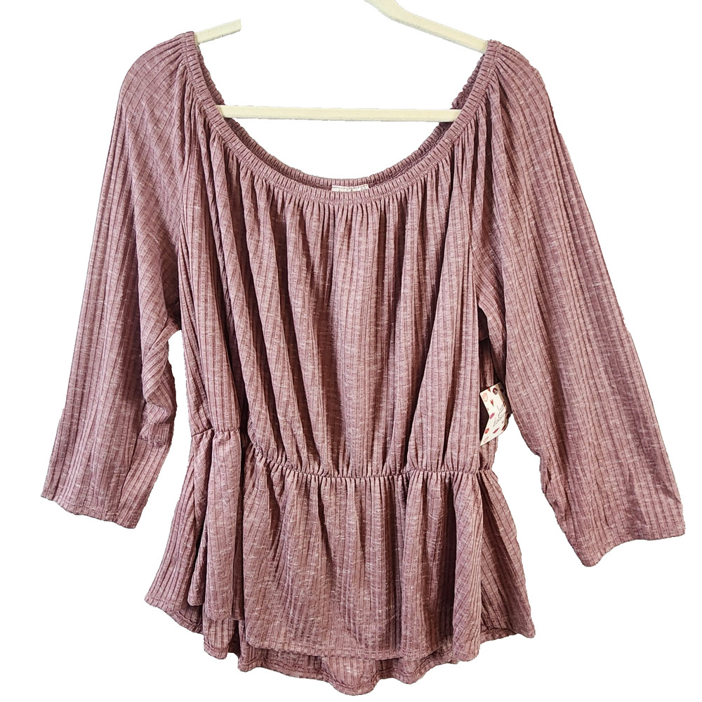 Free Kisses Top Women 3X Mauve Long-Sleeve Ruched Elastic Waist